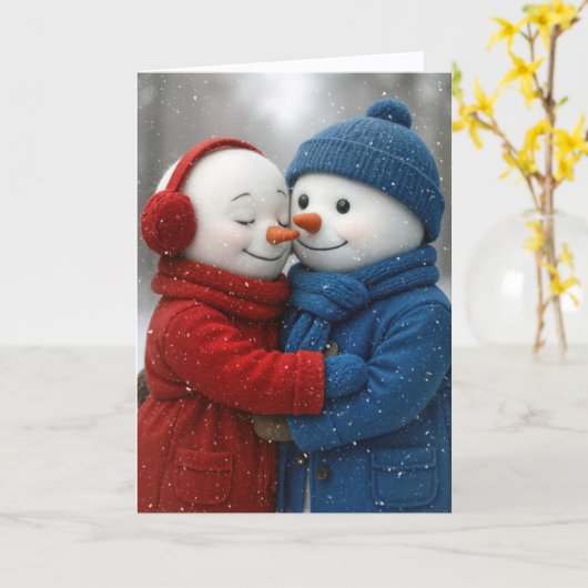 Birthday Snowman Couple in Snowflakes Kaart (Gele Bloem)