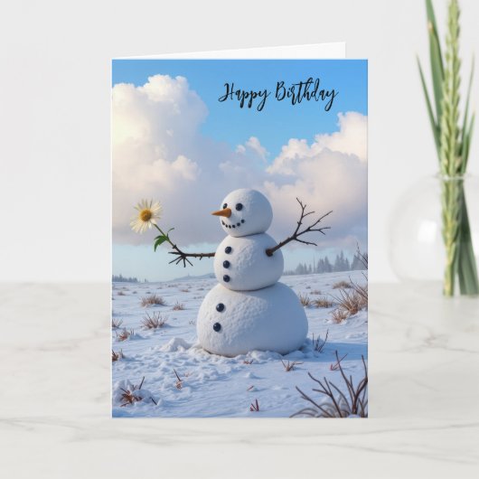 Birthday Snowman Holding a White Daisy Kaart (Voorkant)