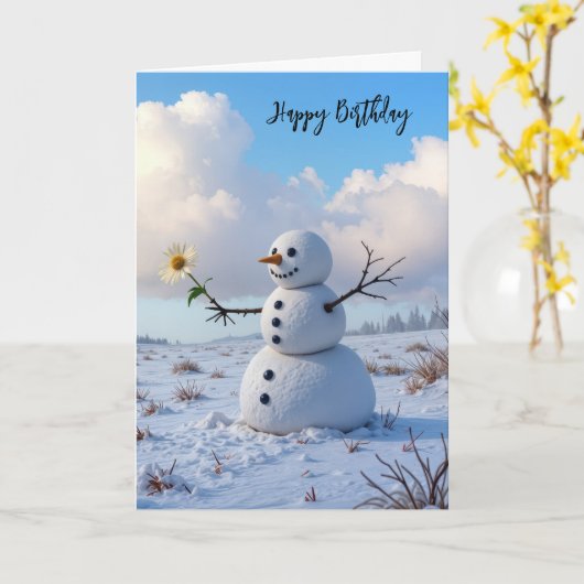 Birthday Snowman Holding a White Daisy Kaart (Gele Bloem)