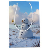 Birthday Snowman Holding a White Daisy Medium Cadeauzakje (Voorkant)