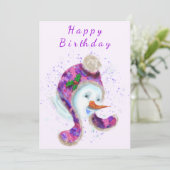 Birthday Snowman in het Paarse roze Beanie Winter  (Staand voorkant)