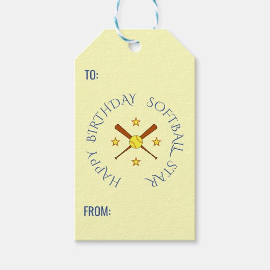 Birthday softball aangepaste tekstcrème blauw cadeaulabel (Voorkant)