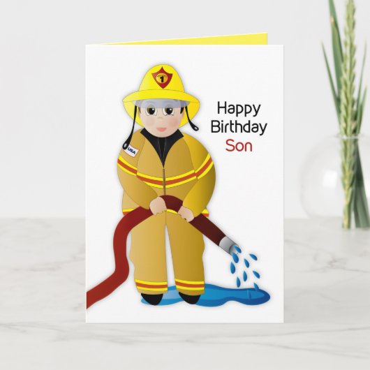 Birthday Son Firefighter with Water Hose Card Kaart (Voorkant)