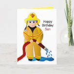 Birthday Son Firefighter with Water Hose Card Kaart<br><div class="desc">Fun,  bright and so cute is this little Fire-fighter in full gear.  See other categories including invitations,  mugs,  T-Shirts comning soon.</div>