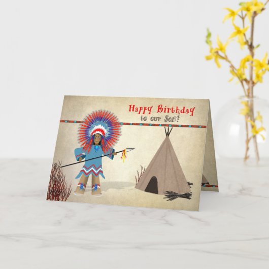 Birthday Son- Native Indian with tepee - Fun Card Kaart (Gele Bloem)