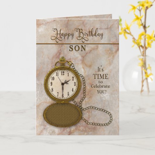 Birthday Son Pocket Watch and Chain Kaart (Gele Bloem)