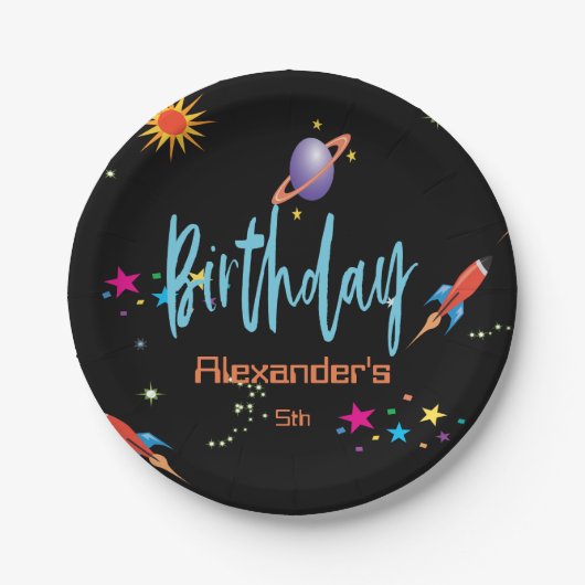 Birthday Space Rocket Boys Papieren Bordje (Voorkant)