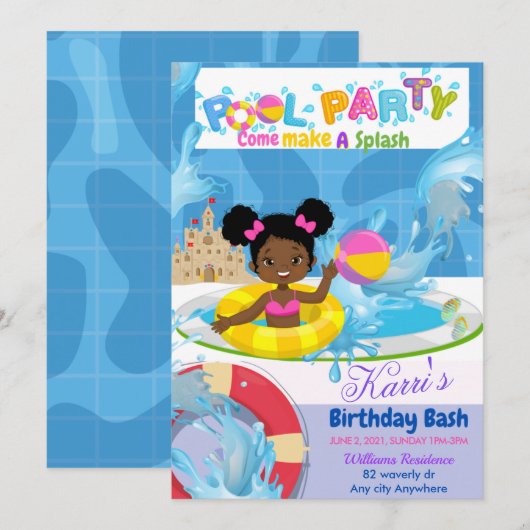 Birthday Splash Invitation Kaart (Voorkant / Achterkant)