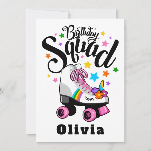 Birthday squad, unicorn, roller schaats kaart (Voorkant)