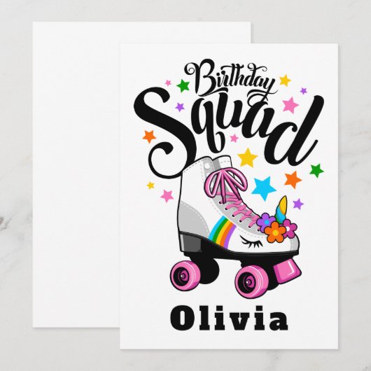 Birthday squad, unicorn, roller schaats kaart (Voorkant / Achterkant)