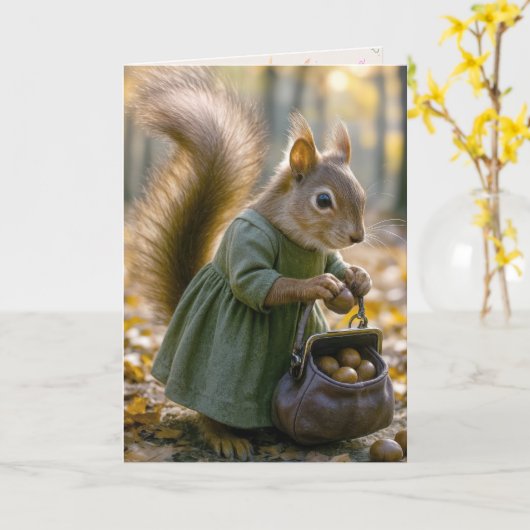 Birthday Squirrel Gathering Nuts In Her Purse Kaart (Gele Bloem)