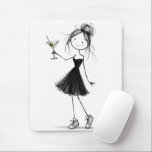 Birthday Stick Figure Girl with Martini Muismat<br><div class="desc">A cute stick-figure girl wearing a black cocktail dress and sneakers holds a martini on a white background.</div>