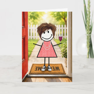 Birthday Stick Figure Girl With Wine Glass Kaart