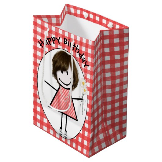 Birthday Stick Figuur Girl in Sneakers op Gingham Medium Cadeauzakje (Voorkant Gekanteld)