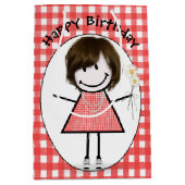 Birthday Stick Figuur Girl in Sneakers op Gingham Medium Cadeauzakje (Voorkant)