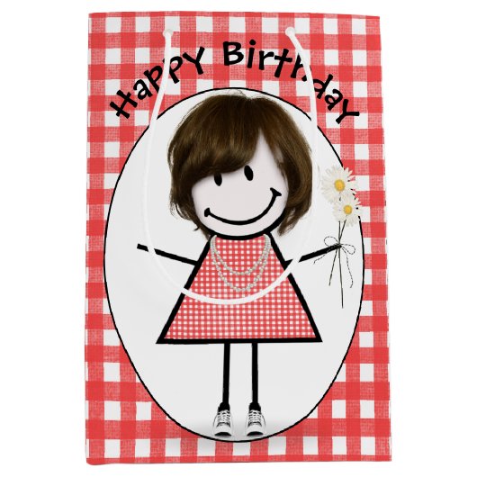 Birthday Stick Figuur Girl in Sneakers op Gingham Medium Cadeauzakje (Voorkant)