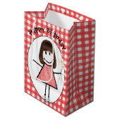 Birthday Stick Figuur Girl in Sneakers op Gingham Medium Cadeauzakje (Voorkant Gekanteld)
