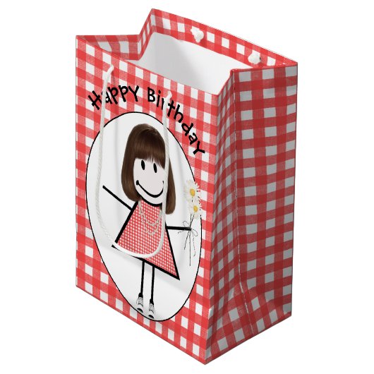 Birthday Stick Figuur Girl in Sneakers op Gingham Medium Cadeauzakje (Voorkant Gekanteld)