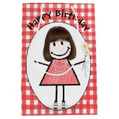 Birthday Stick Figuur Girl in Sneakers op Gingham Medium Cadeauzakje (Voorkant)