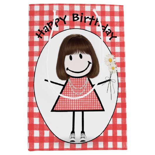 Birthday Stick Figuur Girl in Sneakers op Gingham Medium Cadeauzakje (Voorkant)