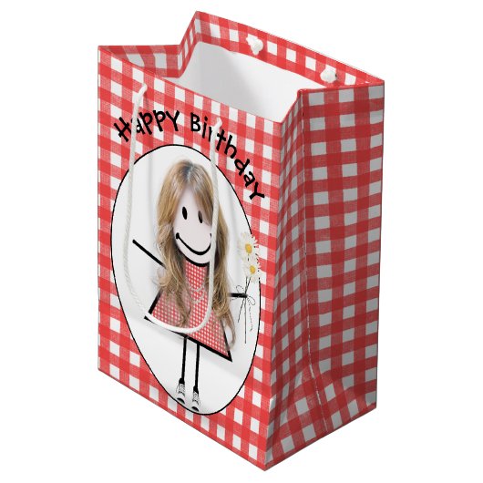Birthday Stick Figuur Girl in Sneakers op Gingham Medium Cadeauzakje (Voorkant Gekanteld)
