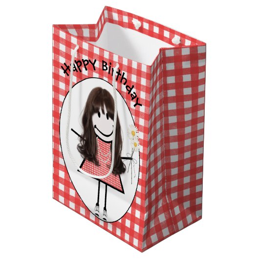 Birthday Stick Figuur Girl in Sneakers op Gingham Medium Cadeauzakje (Voorkant Gekanteld)