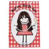 Birthday Stick Figuur Girl in Sneakers op Gingham Medium Cadeauzakje (Voorkant)