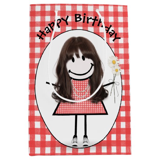 Birthday Stick Figuur Girl in Sneakers op Gingham Medium Cadeauzakje (Voorkant)