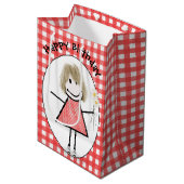 Birthday Stick Figuur Girl in Sneakers op Gingham Medium Cadeauzakje (Voorkant Gekanteld)