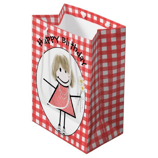 Birthday Stick Figuur Girl in Sneakers op Gingham Medium Cadeauzakje (Voorkant Gekanteld)