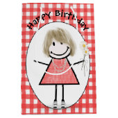 Birthday Stick Figuur Girl in Sneakers op Gingham Medium Cadeauzakje (Voorkant)