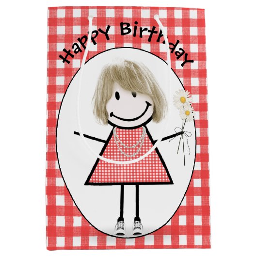 Birthday Stick Figuur Girl in Sneakers op Gingham Medium Cadeauzakje (Voorkant)