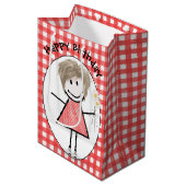 Birthday Stick Figuur Girl in Sneakers op Gingham Medium Cadeauzakje (Voorkant Gekanteld)