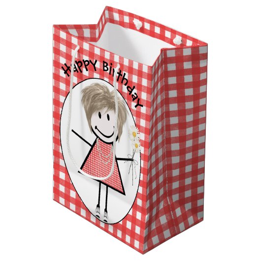 Birthday Stick Figuur Girl in Sneakers op Gingham Medium Cadeauzakje (Voorkant Gekanteld)