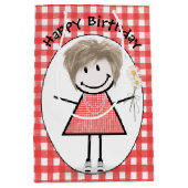 Birthday Stick Figuur Girl in Sneakers op Gingham Medium Cadeauzakje (Voorkant)