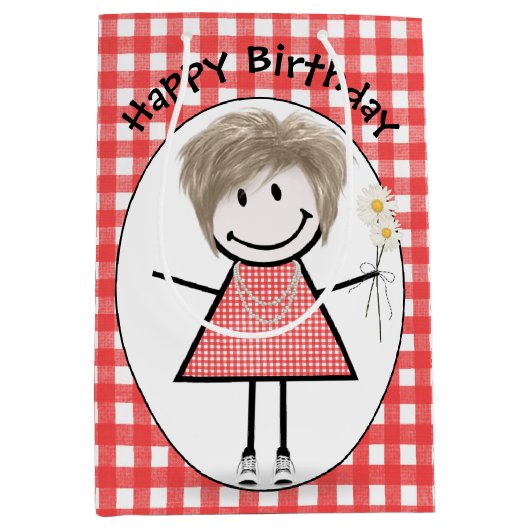 Birthday Stick Figuur Girl in Sneakers op Gingham Medium Cadeauzakje (Voorkant)