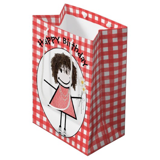 Birthday Stick Figuur Girl in Sneakers op Gingham Medium Cadeauzakje (Voorkant Gekanteld)