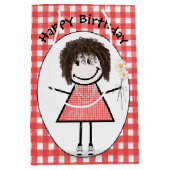 Birthday Stick Figuur Girl in Sneakers op Gingham Medium Cadeauzakje (Voorkant)