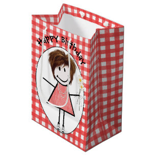 Birthday Stick Figuur Girl in Sneakers op Gingham Medium Cadeauzakje