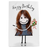 Birthday Stick Figuur Girl met Bouquet Medium Cadeauzakje (Voorkant)