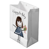 Birthday Stick Figuur Girl met Bouquet Medium Cadeauzakje (Voorkant Gekanteld)