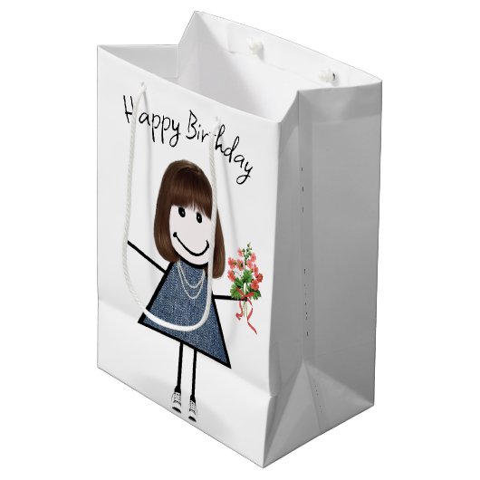 Birthday Stick Figuur Girl met Bouquet Medium Cadeauzakje (Voorkant Gekanteld)