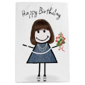 Birthday Stick Figuur Girl met Bouquet Medium Cadeauzakje (Voorkant)