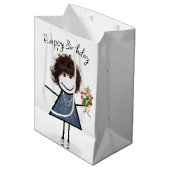 Birthday Stick Figuur Girl met Bouquet Medium Cadeauzakje (Voorkant Gekanteld)