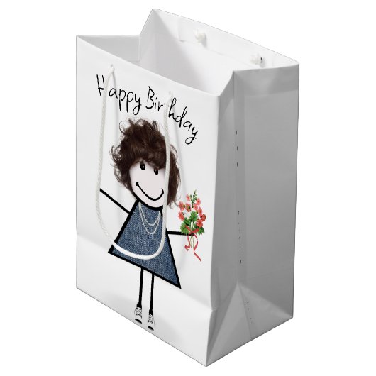 Birthday Stick Figuur Girl met Bouquet Medium Cadeauzakje (Voorkant Gekanteld)