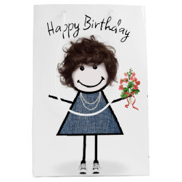 Birthday Stick Figuur Girl met Bouquet Medium Cadeauzakje
