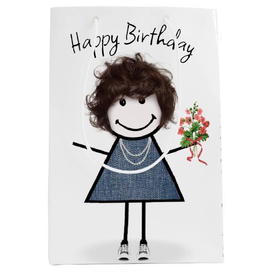 Birthday Stick Figuur Girl met Bouquet Medium Cadeauzakje (Voorkant)