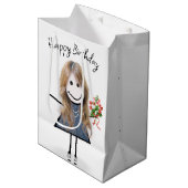 Birthday Stick Figuur Girl met Bouquet Medium Cadeauzakje (Voorkant Gekanteld)