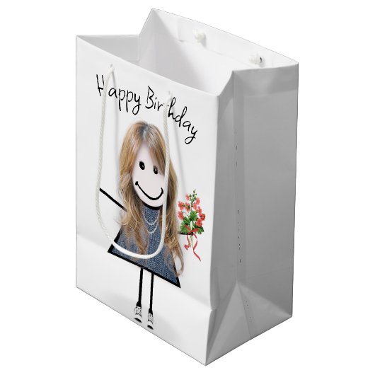 Birthday Stick Figuur Girl met Bouquet Medium Cadeauzakje (Voorkant Gekanteld)