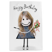 Birthday Stick Figuur Girl met Bouquet Medium Cadeauzakje (Voorkant)